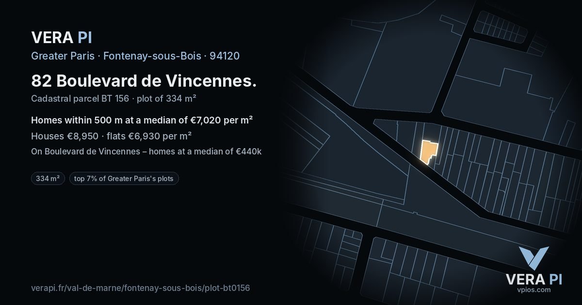 82 Boulevard de Vincennes, Fontenay-sous-Bois at night – the plot lit, the parcels around coloured by the prices near them
