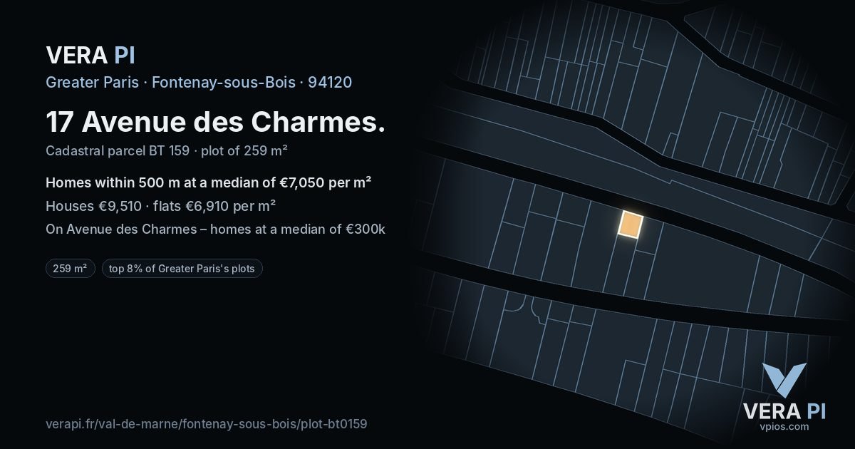 17 Avenue des Charmes, Fontenay-sous-Bois at night – the plot lit, the parcels around coloured by the prices near them