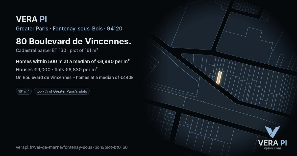 80 Boulevard de Vincennes, Fontenay-sous-Bois at night – the plot lit, the parcels around coloured by the prices near them