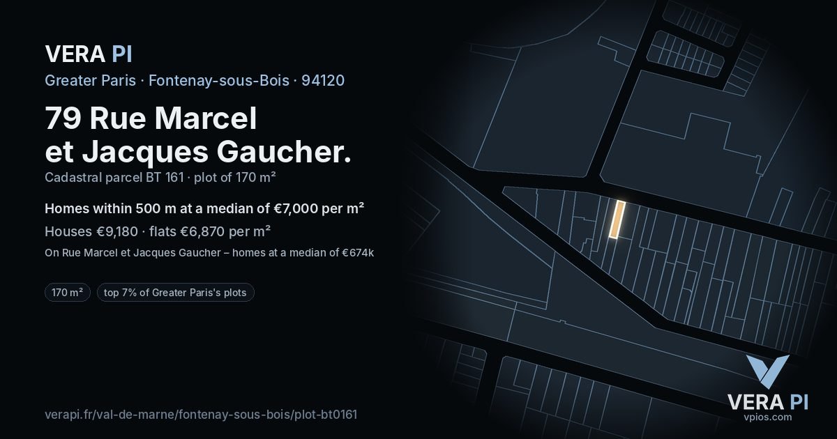 79 Rue Marcel et Jacques Gaucher, Fontenay-sous-Bois at night – the plot lit, the parcels around coloured by the prices near them