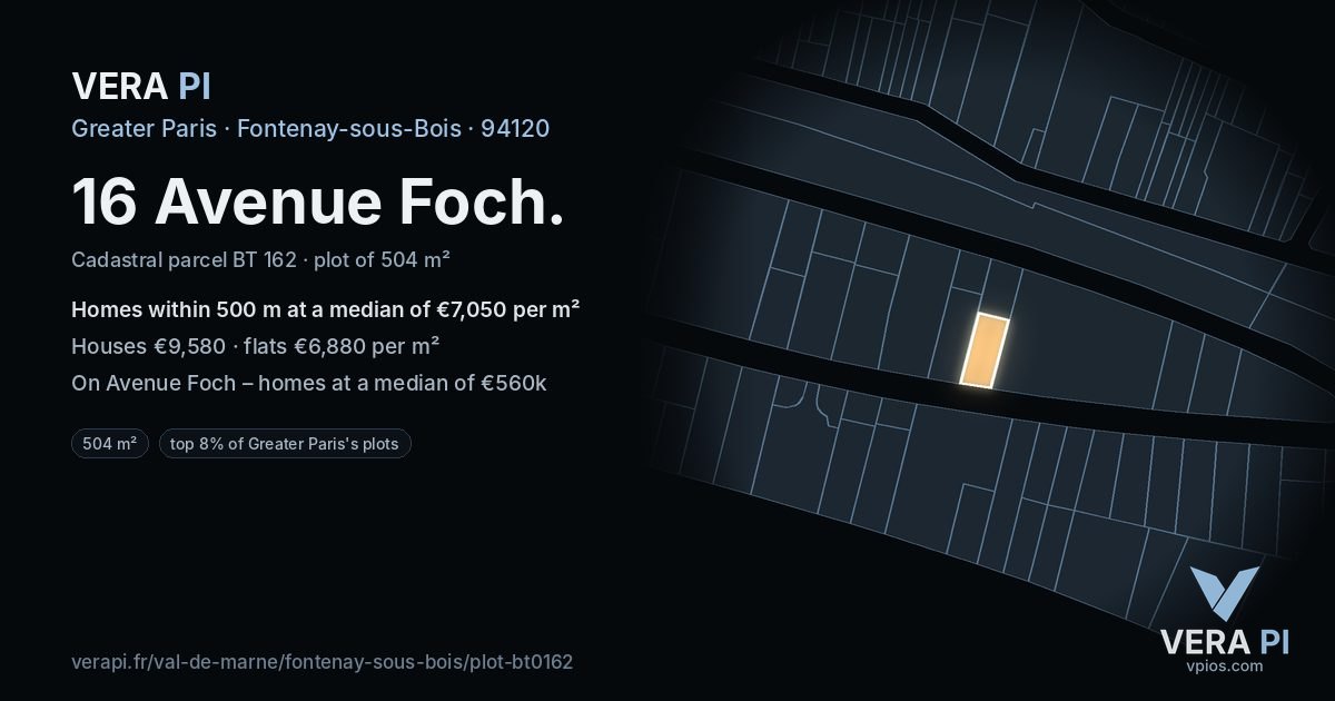 16 Avenue Foch, Fontenay-sous-Bois at night – the plot lit, the parcels around coloured by the prices near them