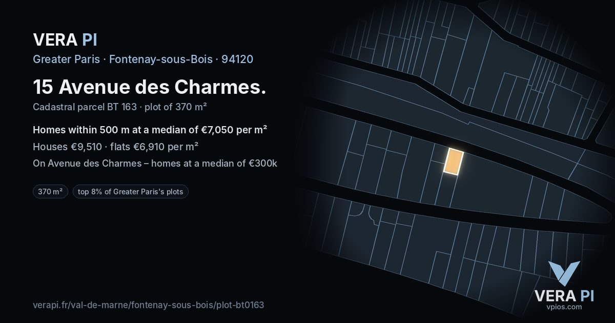 15 Avenue des Charmes, Fontenay-sous-Bois at night – the plot lit, the parcels around coloured by the prices near them
