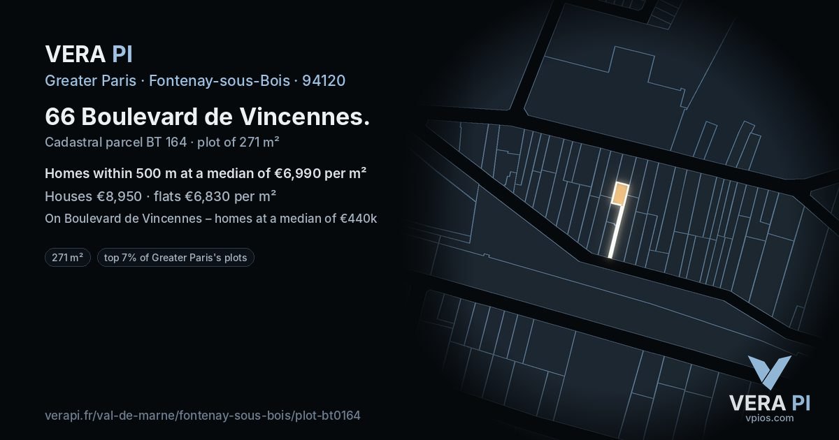 66 Boulevard de Vincennes, Fontenay-sous-Bois at night – the plot lit, the parcels around coloured by the prices near them