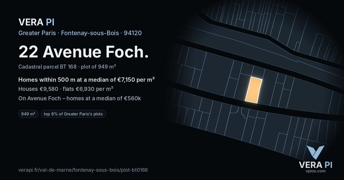 22 Avenue Foch, Fontenay-sous-Bois at night – the plot lit, the parcels around coloured by the prices near them