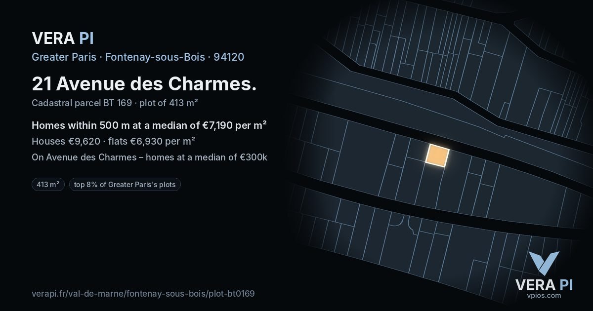 21 Avenue des Charmes, Fontenay-sous-Bois at night – the plot lit, the parcels around coloured by the prices near them