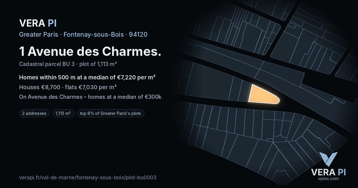 1 Avenue des Charmes, Fontenay-sous-Bois at night – the plot lit, the parcels around coloured by the prices near them