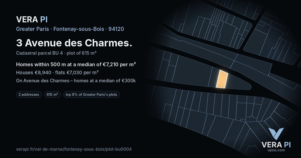 3 Avenue des Charmes, Fontenay-sous-Bois at night – the plot lit, the parcels around coloured by the prices near them
