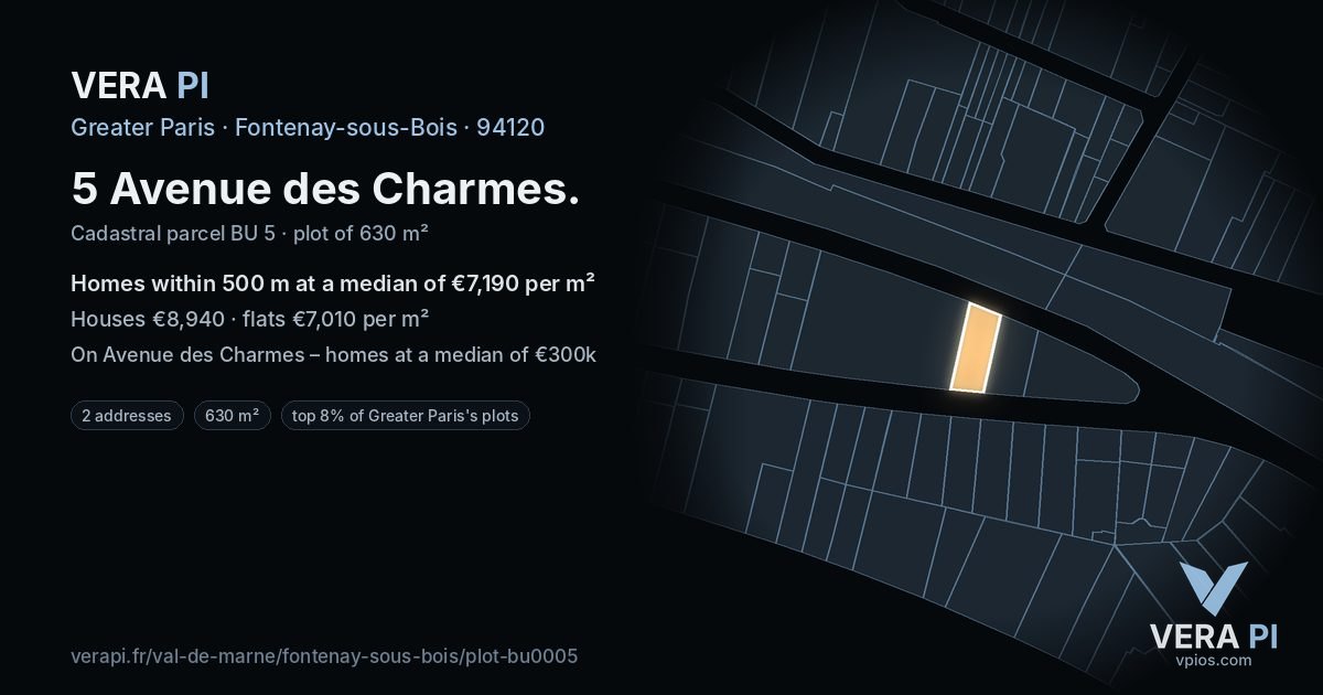 5 Avenue des Charmes, Fontenay-sous-Bois at night – the plot lit, the parcels around coloured by the prices near them
