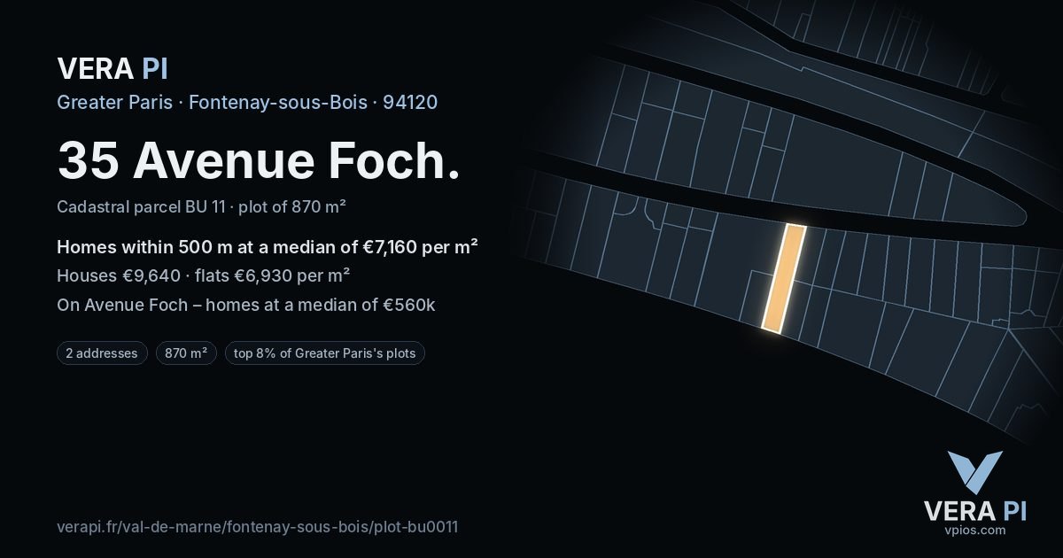 35 Avenue Foch, Fontenay-sous-Bois at night – the plot lit, the parcels around coloured by the prices near them