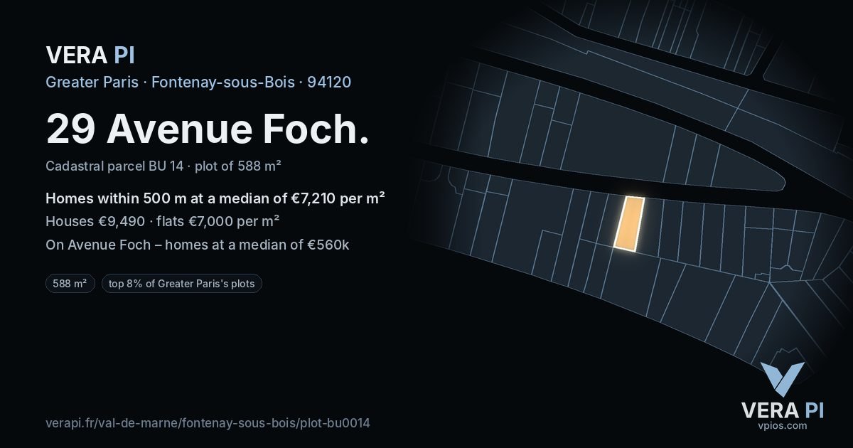29 Avenue Foch, Fontenay-sous-Bois at night – the plot lit, the parcels around coloured by the prices near them