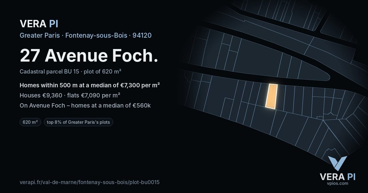 27 Avenue Foch, Fontenay-sous-Bois at night – the plot lit, the parcels around coloured by the prices near them