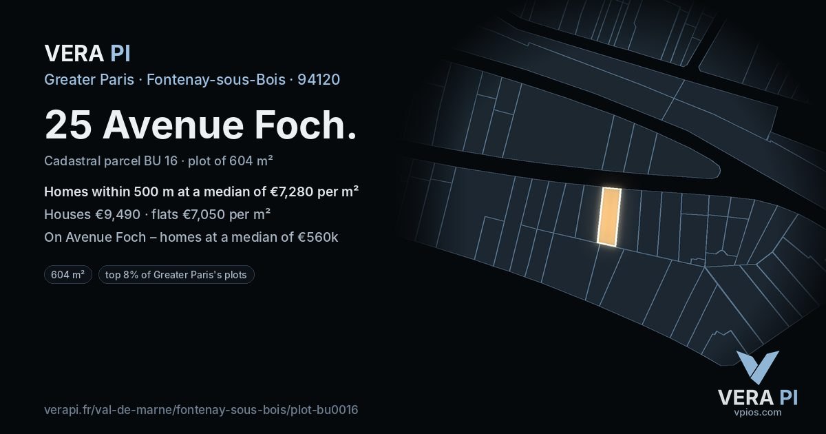 25 Avenue Foch, Fontenay-sous-Bois at night – the plot lit, the parcels around coloured by the prices near them