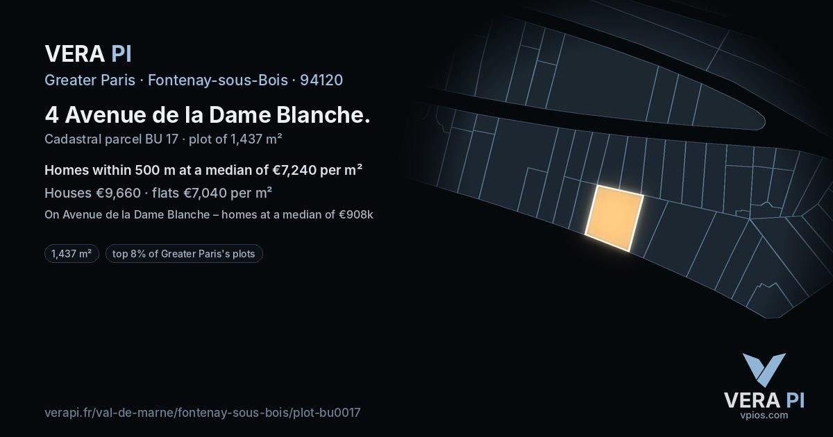 4 Avenue de la Dame Blanche, Fontenay-sous-Bois at night – the plot lit, the parcels around coloured by the prices near them