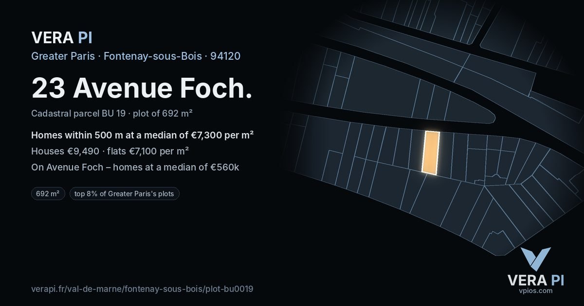 23 Avenue Foch, Fontenay-sous-Bois at night – the plot lit, the parcels around coloured by the prices near them