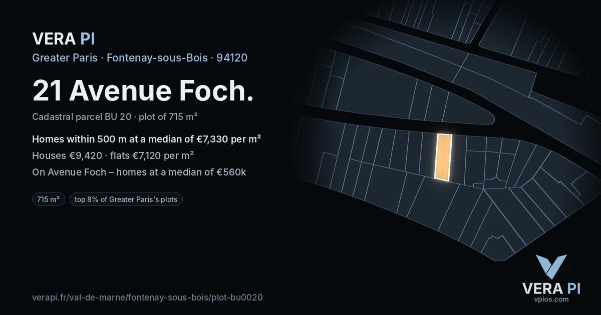 21 Avenue Foch, Fontenay-sous-Bois at night – the plot lit, the parcels around coloured by the prices near them