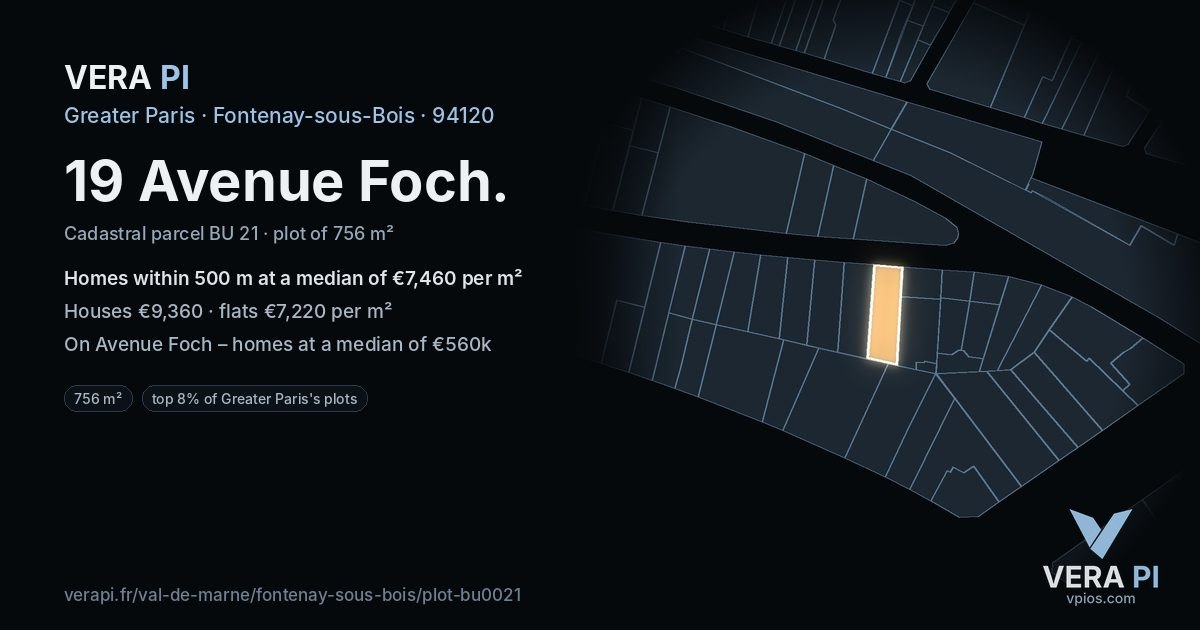 19 Avenue Foch, Fontenay-sous-Bois at night – the plot lit, the parcels around coloured by the prices near them