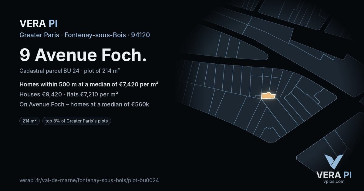 9 Avenue Foch, Fontenay-sous-Bois at night – the plot lit, the parcels around coloured by the prices near them