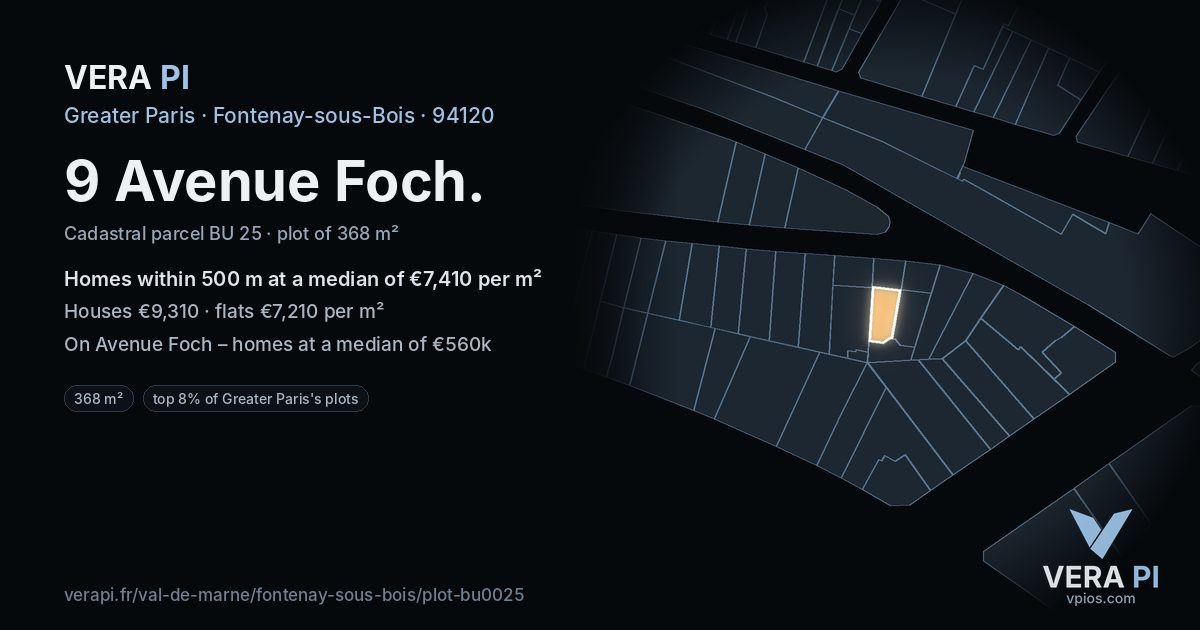 9 Avenue Foch, Fontenay-sous-Bois at night – the plot lit, the parcels around coloured by the prices near them