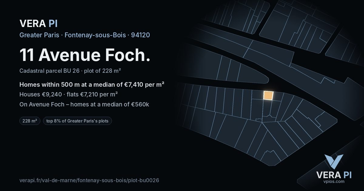 11 Avenue Foch, Fontenay-sous-Bois at night – the plot lit, the parcels around coloured by the prices near them