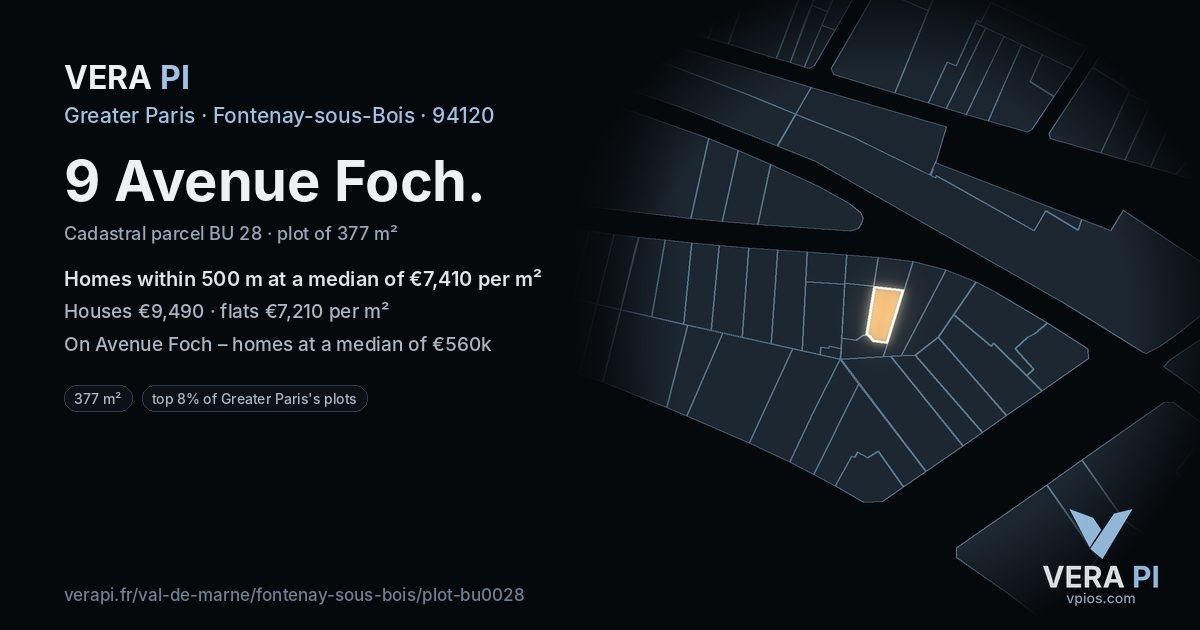 9 Avenue Foch, Fontenay-sous-Bois at night – the plot lit, the parcels around coloured by the prices near them