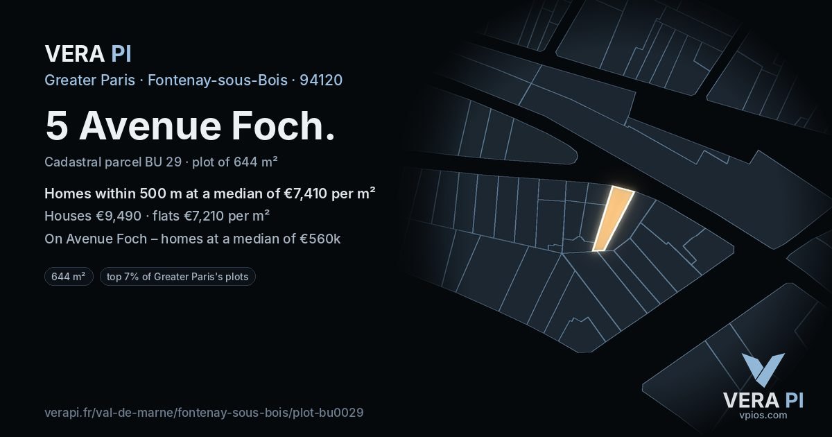 5 Avenue Foch, Fontenay-sous-Bois at night – the plot lit, the parcels around coloured by the prices near them