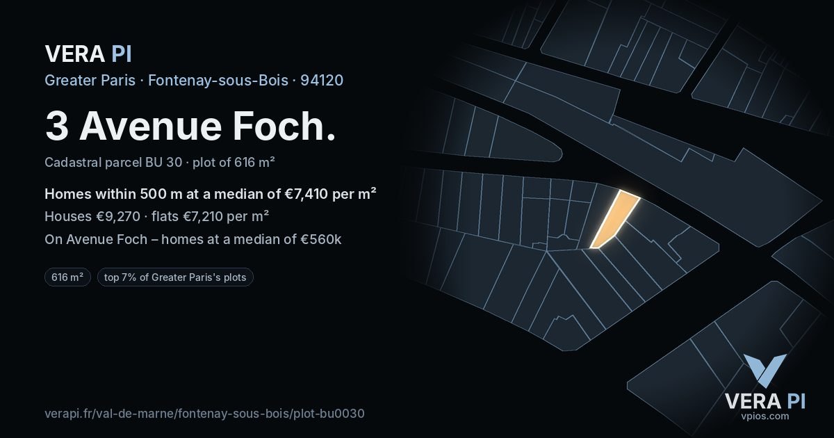 3 Avenue Foch, Fontenay-sous-Bois at night – the plot lit, the parcels around coloured by the prices near them