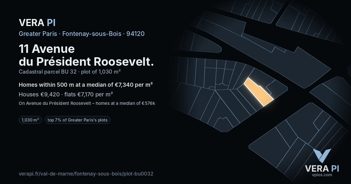 11 Avenue du Président Roosevelt, Fontenay-sous-Bois at night – the plot lit, the parcels around coloured by the prices near them