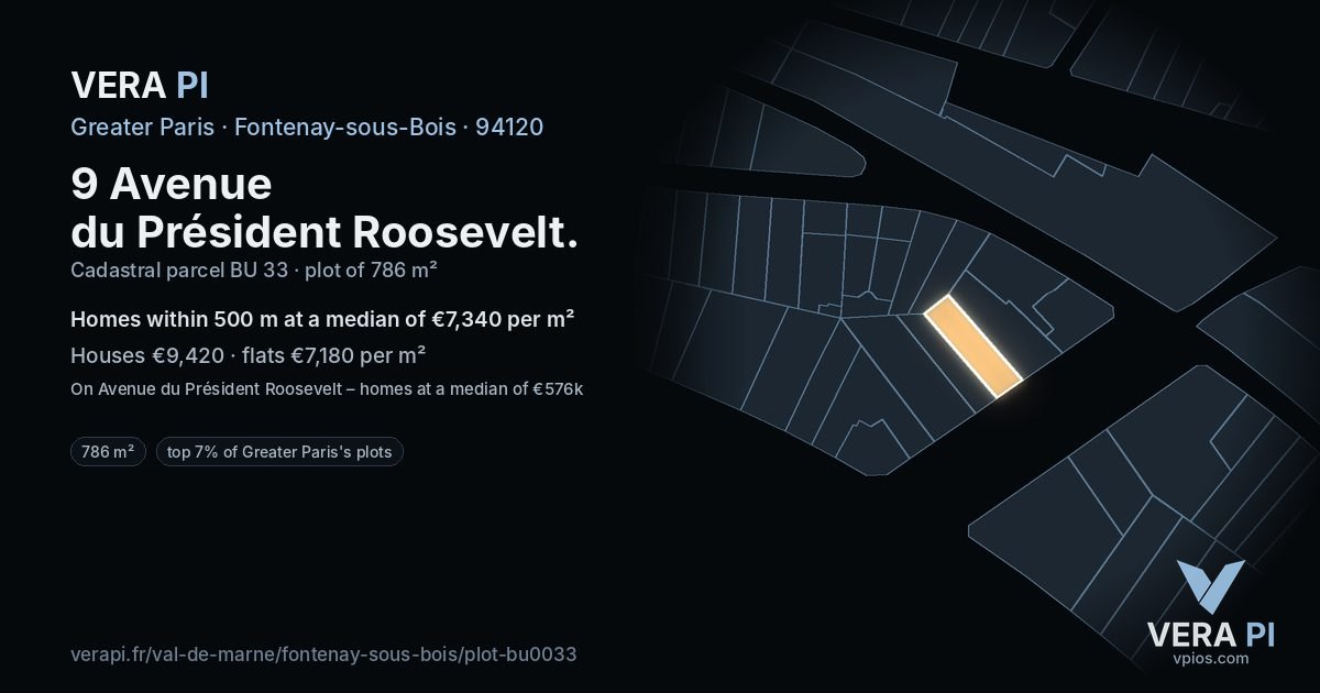 9 Avenue du Président Roosevelt, Fontenay-sous-Bois at night – the plot lit, the parcels around coloured by the prices near them