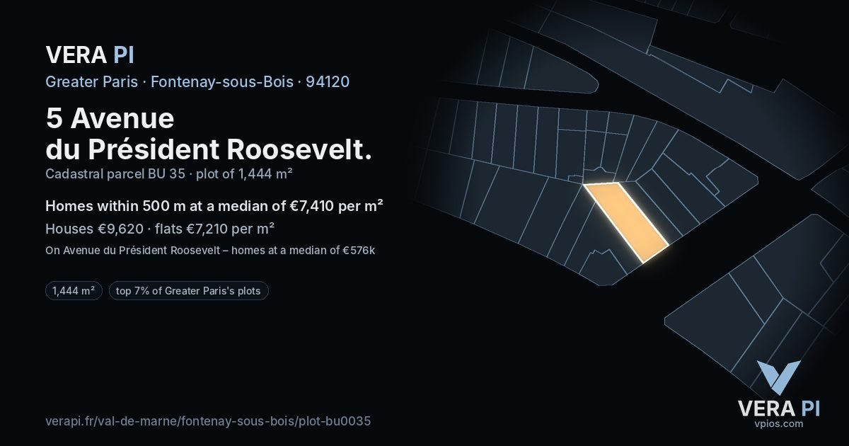 5 Avenue du Président Roosevelt, Fontenay-sous-Bois at night – the plot lit, the parcels around coloured by the prices near them