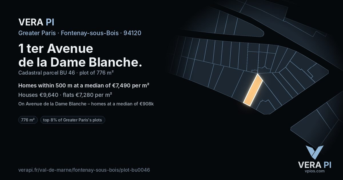 1 ter Avenue de la Dame Blanche, Fontenay-sous-Bois at night – the plot lit, the parcels around coloured by the prices near them