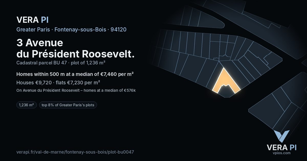 3 Avenue du Président Roosevelt, Fontenay-sous-Bois at night – the plot lit, the parcels around coloured by the prices near them