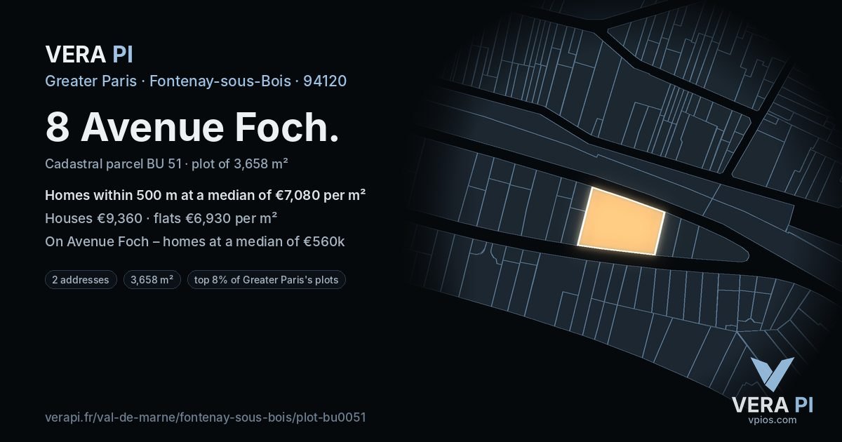 8 Avenue Foch, Fontenay-sous-Bois at night – the plot lit, the parcels around coloured by the prices near them