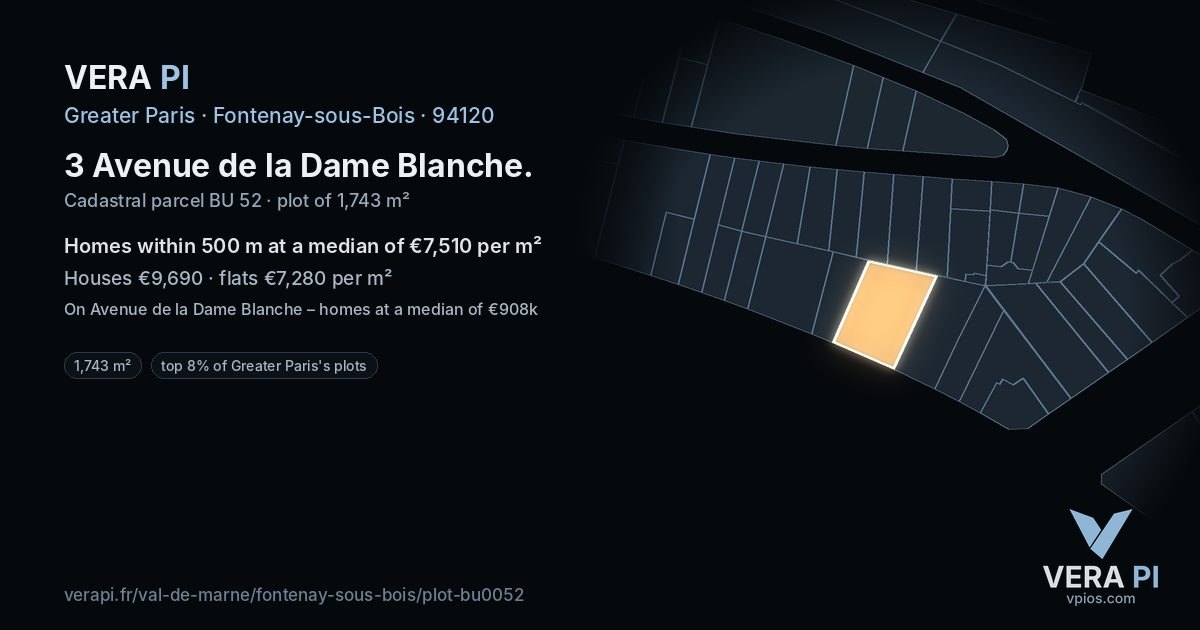 3 Avenue de la Dame Blanche, Fontenay-sous-Bois at night – the plot lit, the parcels around coloured by the prices near them