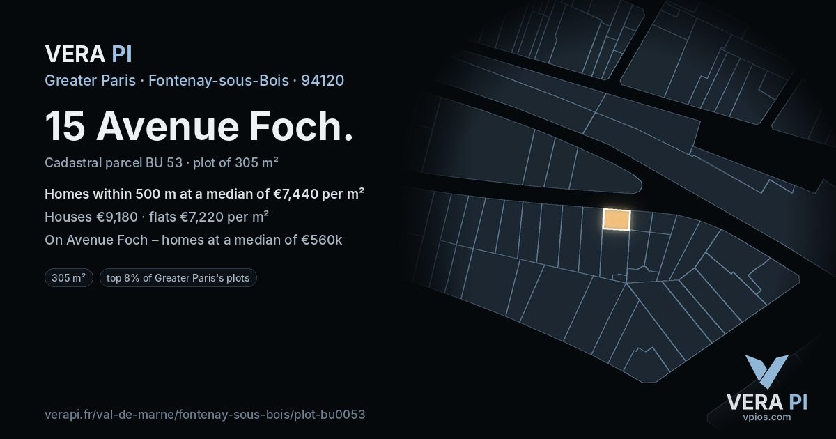 15 Avenue Foch, Fontenay-sous-Bois at night – the plot lit, the parcels around coloured by the prices near them