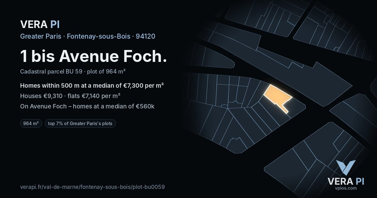 1 bis Avenue Foch, Fontenay-sous-Bois at night – the plot lit, the parcels around coloured by the prices near them