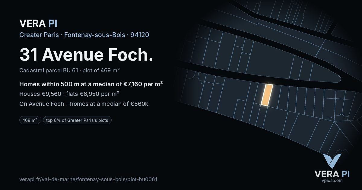 31 Avenue Foch, Fontenay-sous-Bois at night – the plot lit, the parcels around coloured by the prices near them