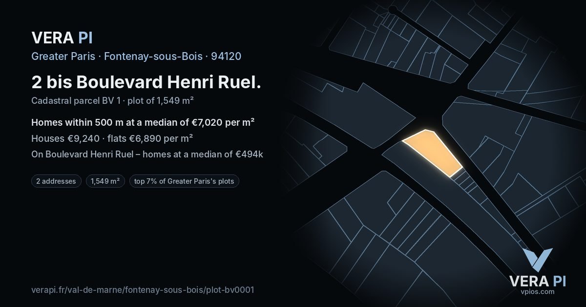 2 bis Boulevard Henri Ruel, Fontenay-sous-Bois at night – the plot lit, the parcels around coloured by the prices near them