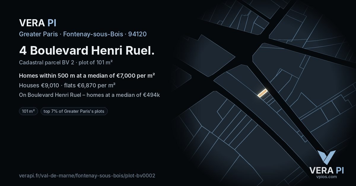 4 Boulevard Henri Ruel, Fontenay-sous-Bois at night – the plot lit, the parcels around coloured by the prices near them