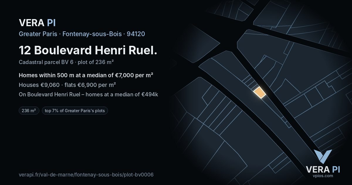 12 Boulevard Henri Ruel, Fontenay-sous-Bois at night – the plot lit, the parcels around coloured by the prices near them