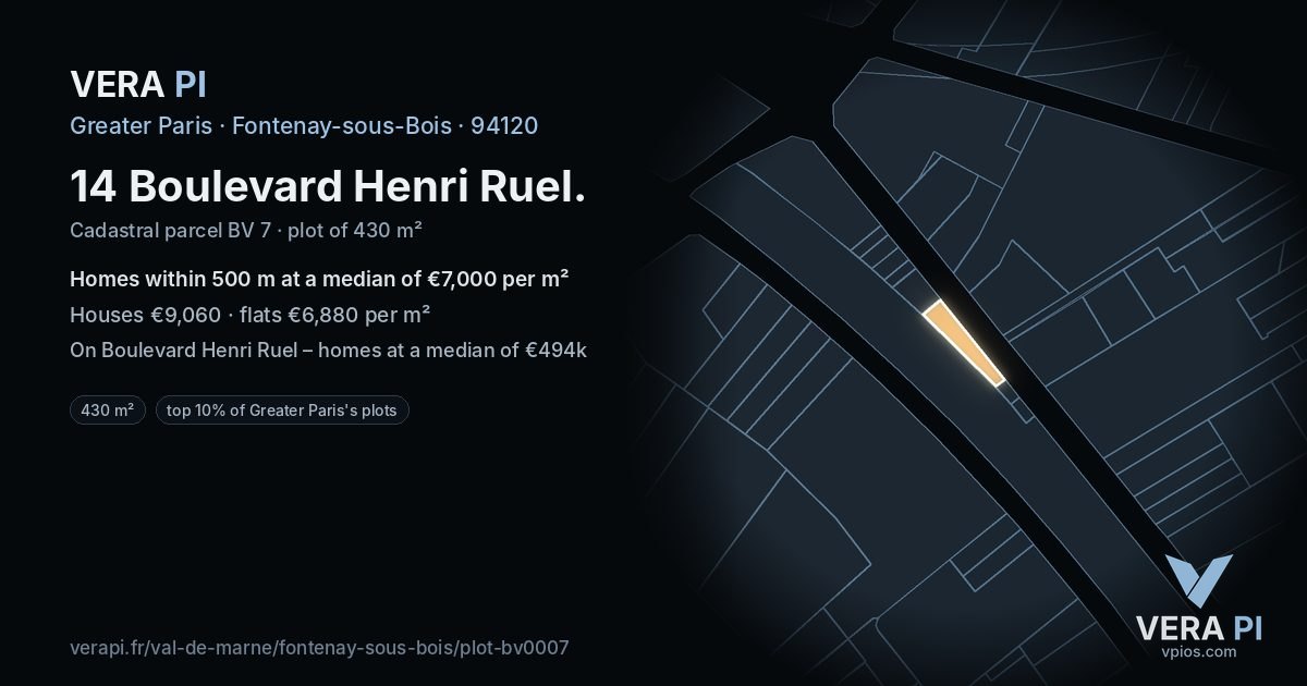 14 Boulevard Henri Ruel, Fontenay-sous-Bois at night – the plot lit, the parcels around coloured by the prices near them