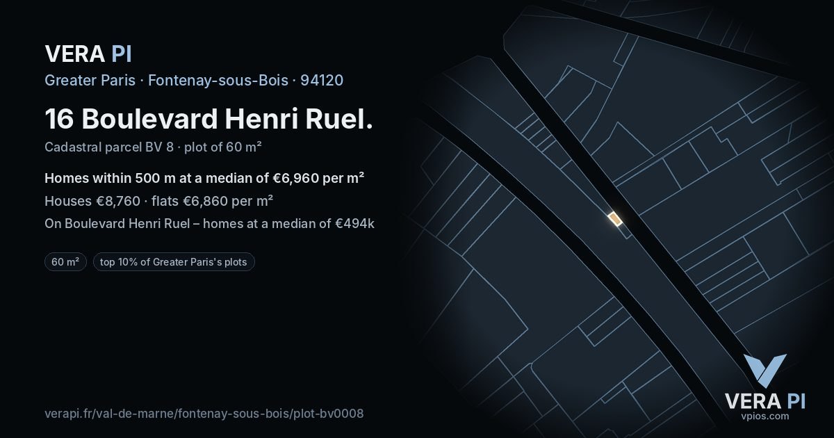 16 Boulevard Henri Ruel, Fontenay-sous-Bois at night – the plot lit, the parcels around coloured by the prices near them