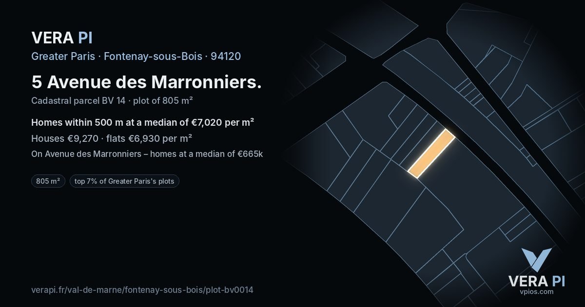 5 Avenue des Marronniers, Fontenay-sous-Bois at night – the plot lit, the parcels around coloured by the prices near them