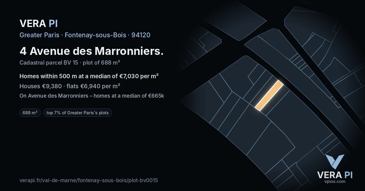 4 Avenue des Marronniers, Fontenay-sous-Bois at night – the plot lit, the parcels around coloured by the prices near them