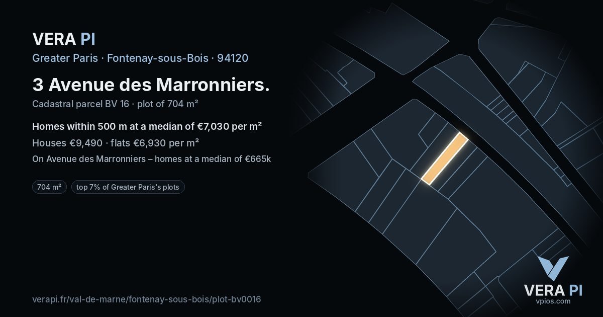 3 Avenue des Marronniers, Fontenay-sous-Bois at night – the plot lit, the parcels around coloured by the prices near them
