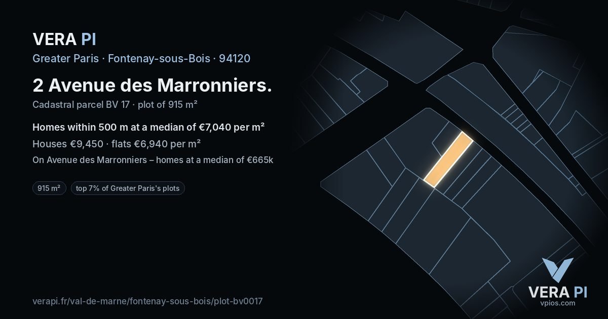 2 Avenue des Marronniers, Fontenay-sous-Bois at night – the plot lit, the parcels around coloured by the prices near them