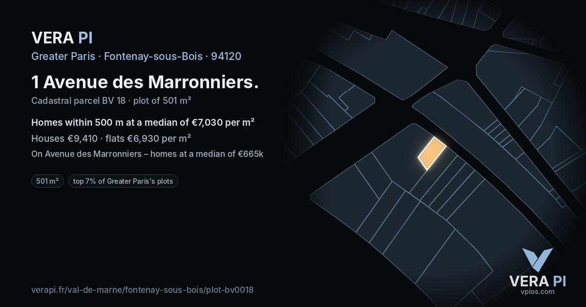 1 Avenue des Marronniers, Fontenay-sous-Bois at night – the plot lit, the parcels around coloured by the prices near them