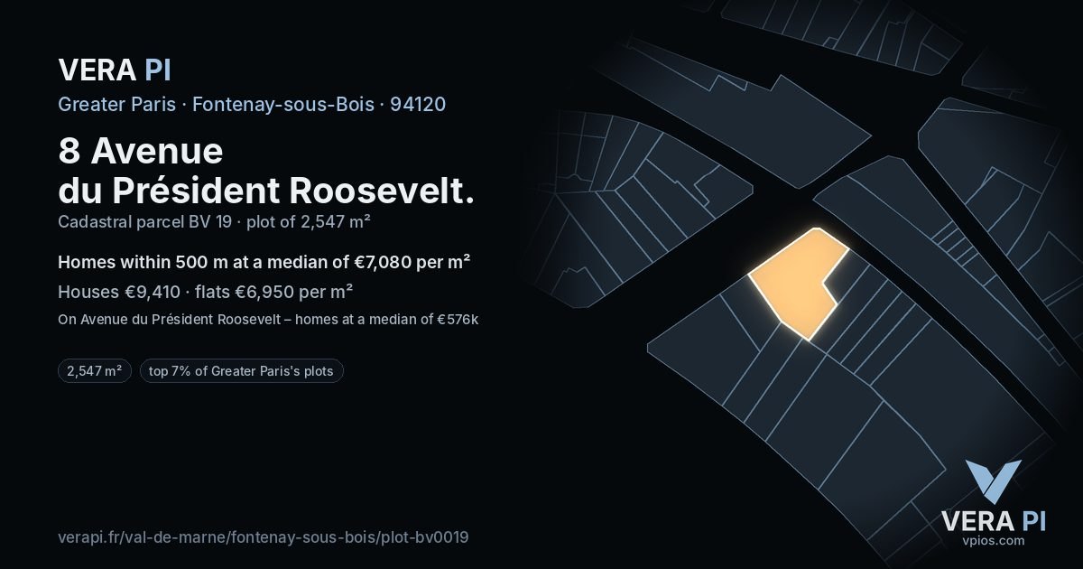 8 Avenue du Président Roosevelt, Fontenay-sous-Bois at night – the plot lit, the parcels around coloured by the prices near them