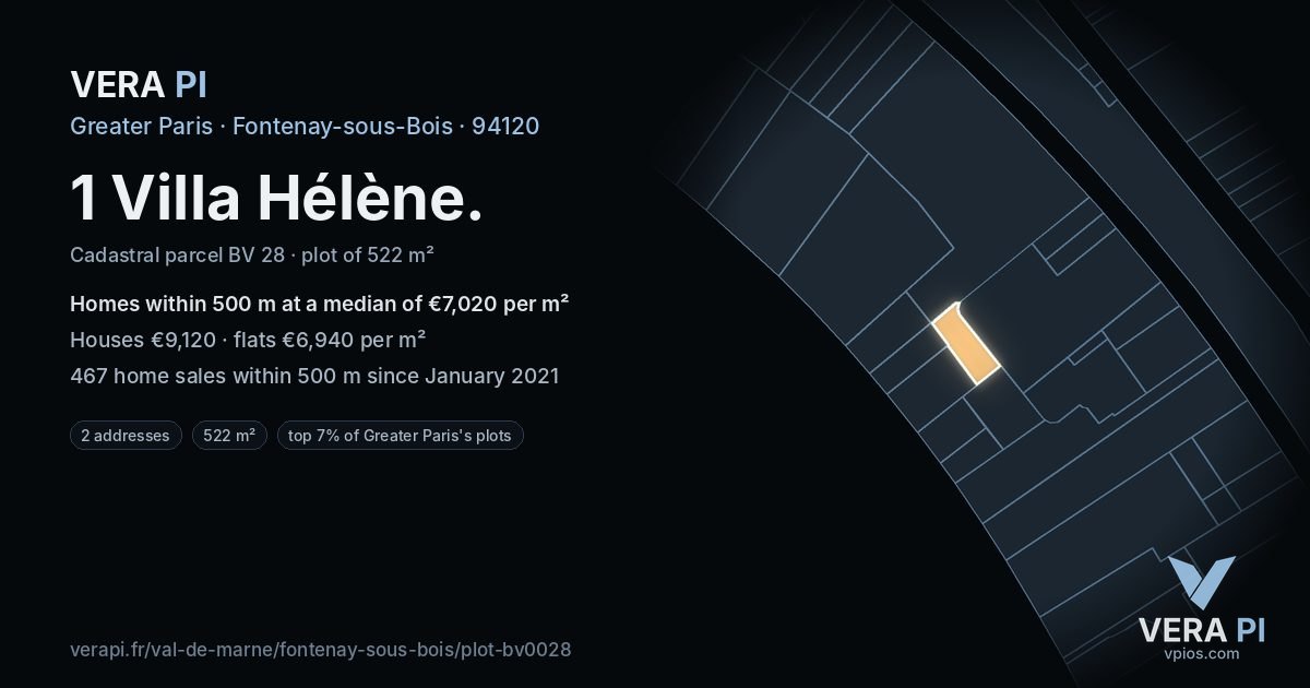 1 Villa Hélène, Fontenay-sous-Bois at night – the plot lit, the parcels around coloured by the prices near them