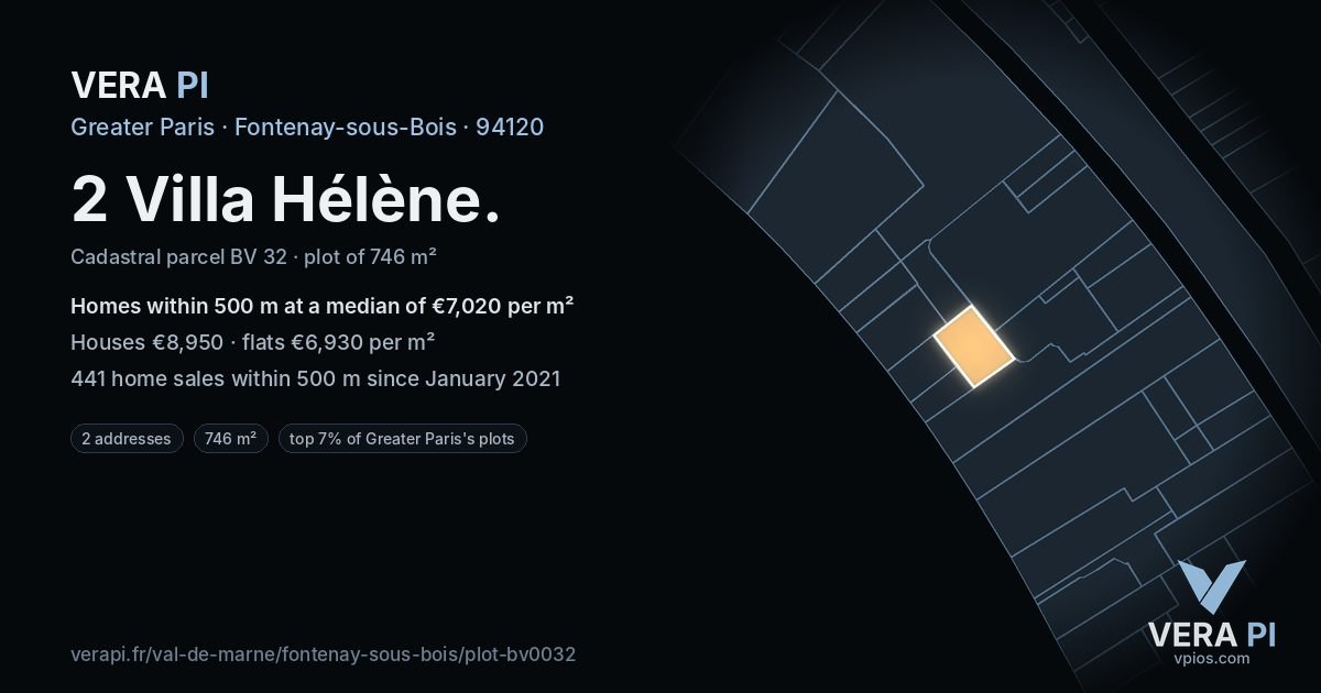 2 Villa Hélène, Fontenay-sous-Bois at night – the plot lit, the parcels around coloured by the prices near them