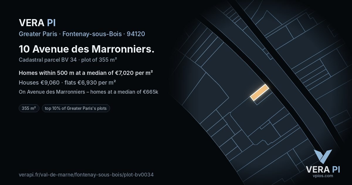 10 Avenue des Marronniers, Fontenay-sous-Bois at night – the plot lit, the parcels around coloured by the prices near them